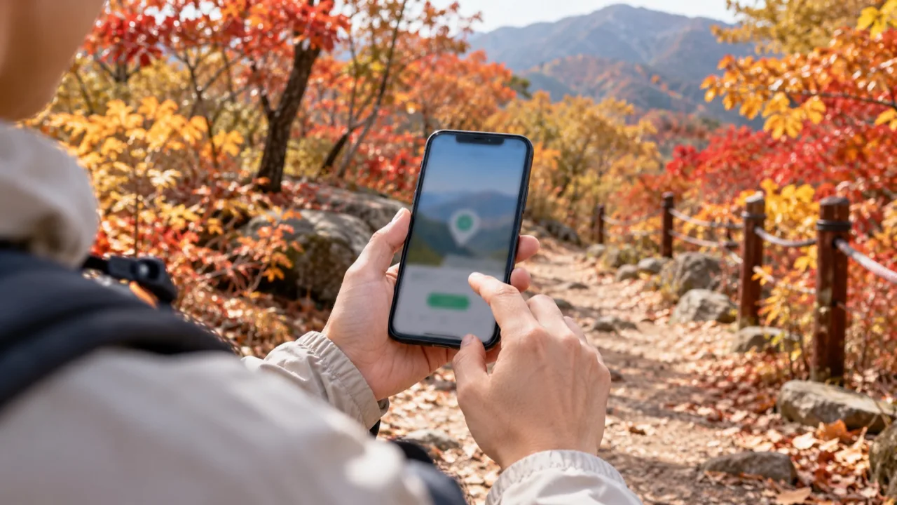 서산 하이킹 명소에서 스마트폰으로 GPS 인증을 확인하는 참가자