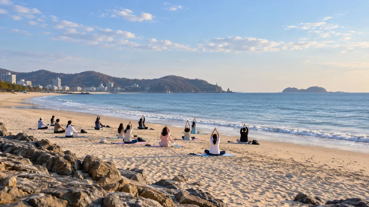 대천해수욕장 해변에서 진행되는 보령시 해양치유 프로그램 전경