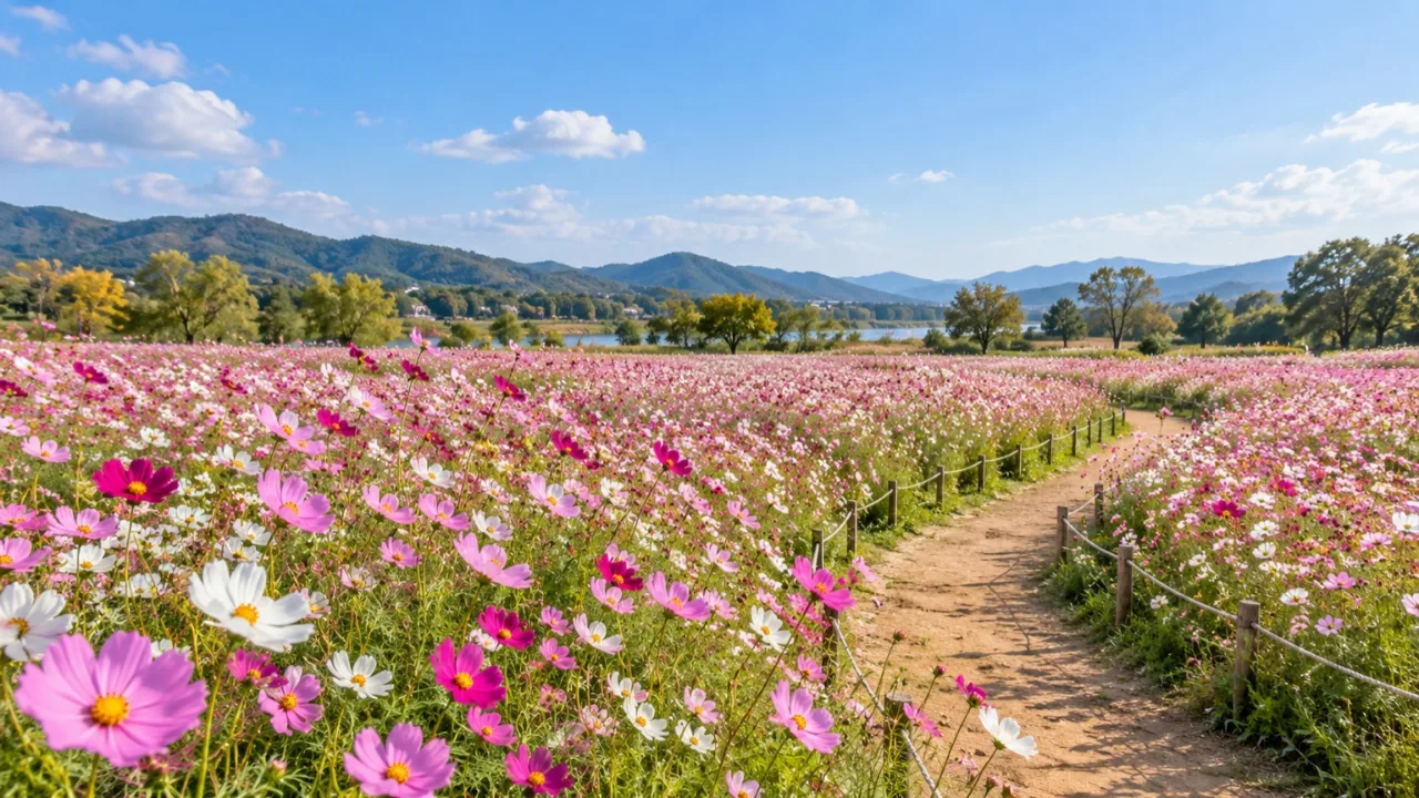 장동만남공원 일원에 펼쳐진 코스모스 꽃밭 전경