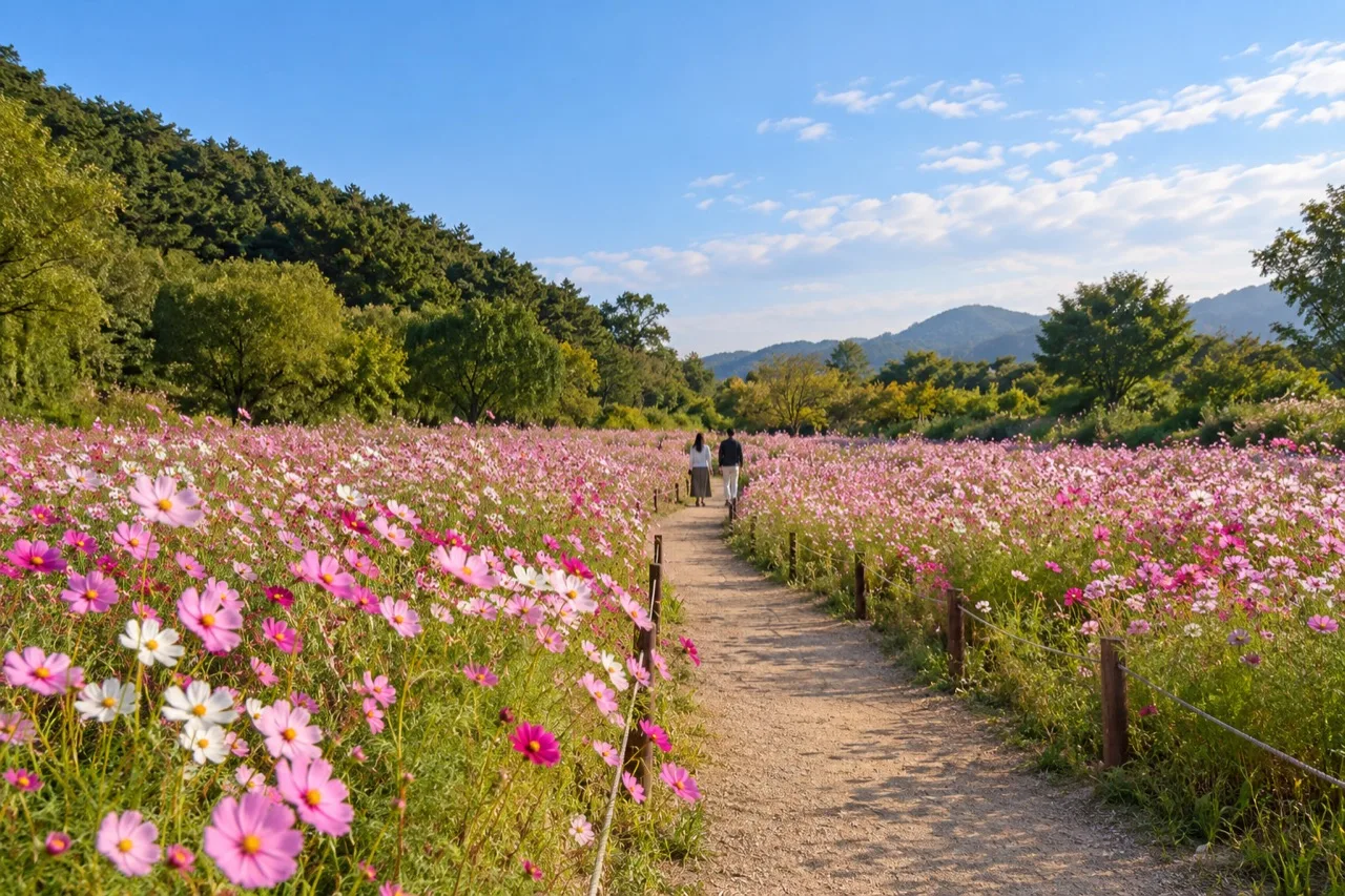 코스모스 꽃밭 사이로 이어지는 산책로와 관람객