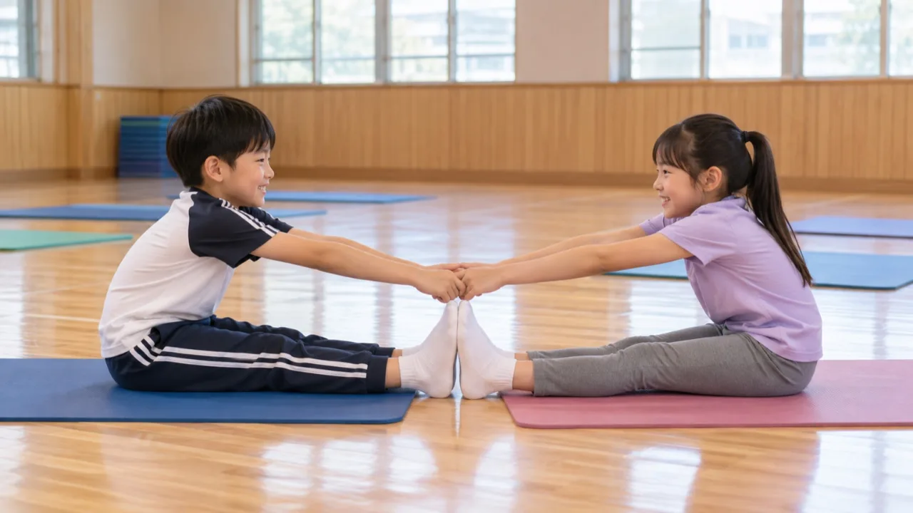 실내 공간에서 짝꿍 스트레칭을 하는 한국인 초등학생 참가자