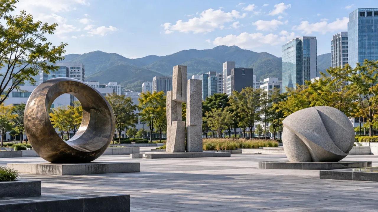 창원 도심 전시 공간과 조각 작품이 함께 보이는 행사 전경