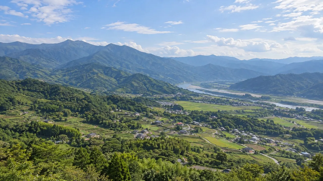 하동군의 산과 마을이 보이는 넓은 지역 풍경